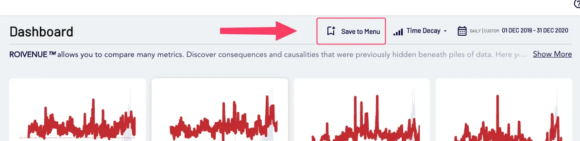 Roivenue dashboard header with an arrow pointing to the Save to Menu bookmark button