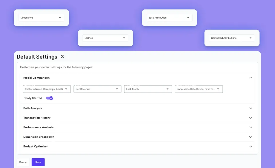 Roivenue Default Settings panel setting default dimensions, metrics and attribution models for each report page