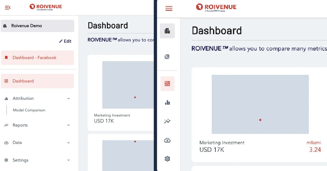 Roivenue dashboard with the left menu expanded on one side and collapsed to icons on the other