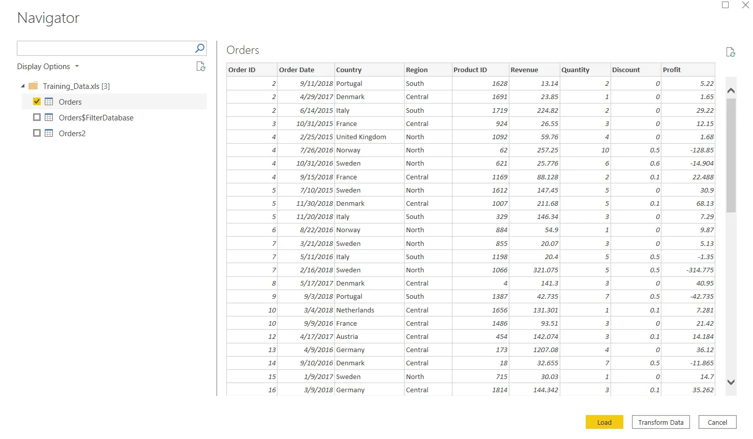 Power BI Navigator previewing an Orders table from an Excel file, with Load and Transform Data buttons