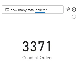 Power BI Q&A visual answering how many total orders with a count of 3371