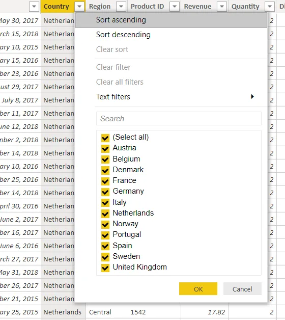 Power BI column drop-down for sorting and filtering the Country column by value