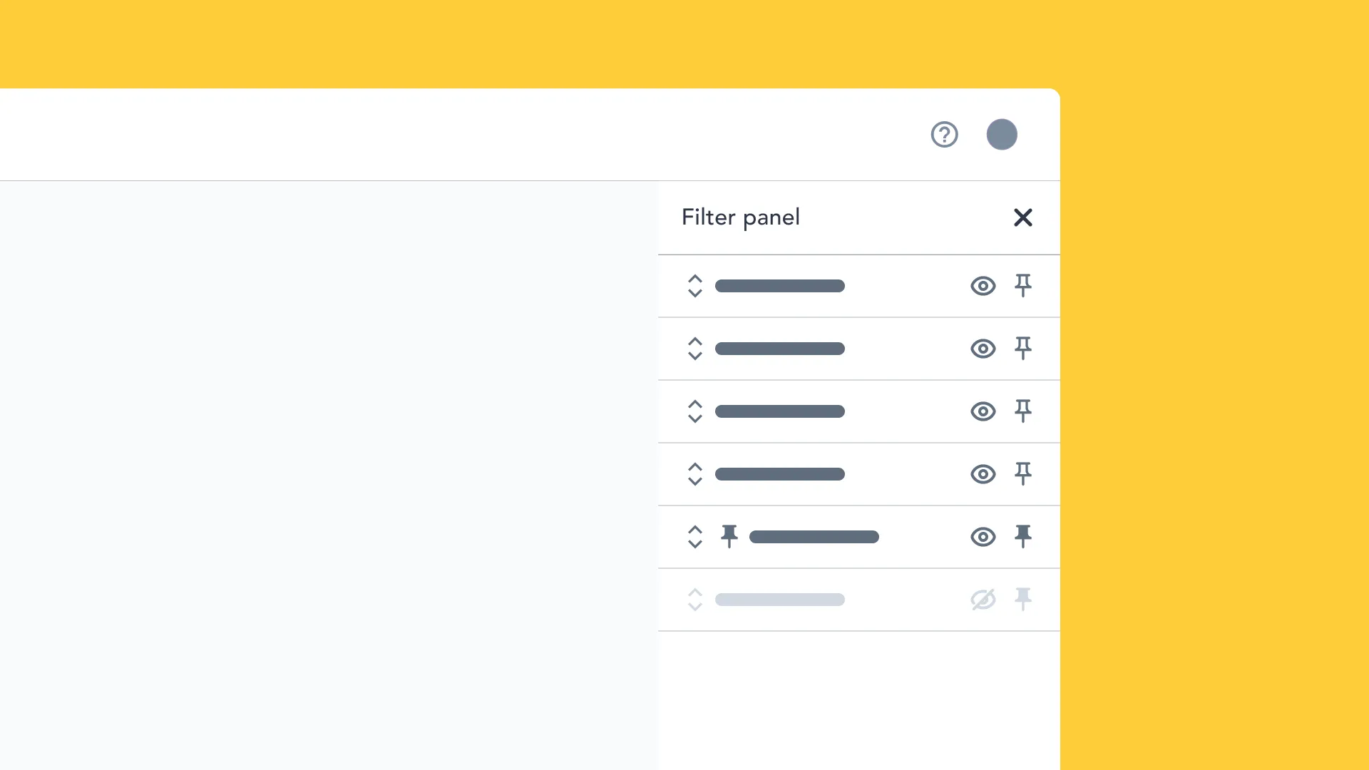 Roivenue filter panel settings with controls to reorder, hide and pin each dimension