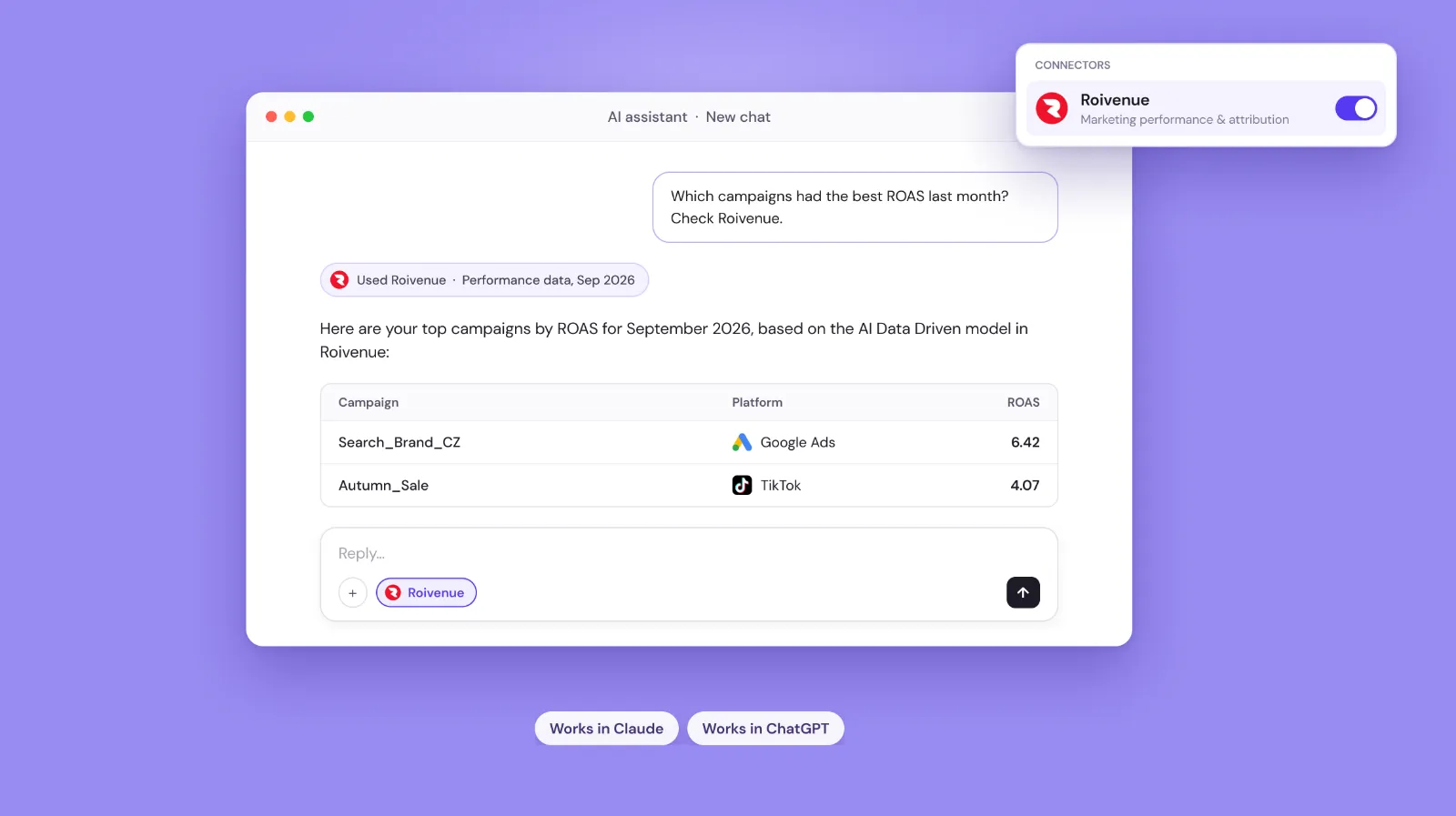 AI assistant chat with the Roivenue connector switched on, answering which campaigns had the best ROAS last month with a table of campaigns, platforms and ROAS, works in Claude and ChatGPT