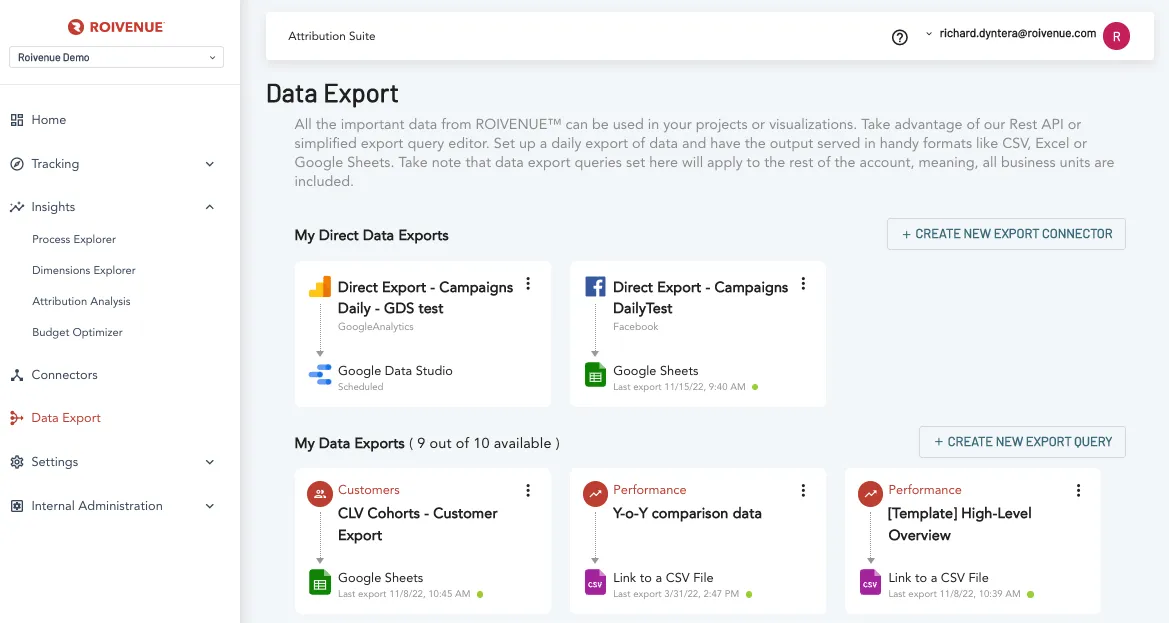 Roivenue Data Export page listing direct exports and export queries sent to Google Sheets, Data Studio and CSV