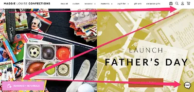 Maggie Louise Confections homepage with arrows tracing a Z-pattern toward the rewards and referrals button