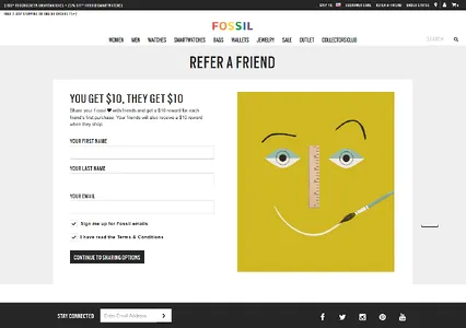 Fossil refer a friend page offering 10 dollars to both the referrer and the friend, with a sign-up form