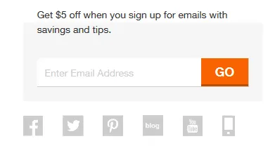 Home Depot footer sign-up box offering 5 dollars off for subscribing to emails