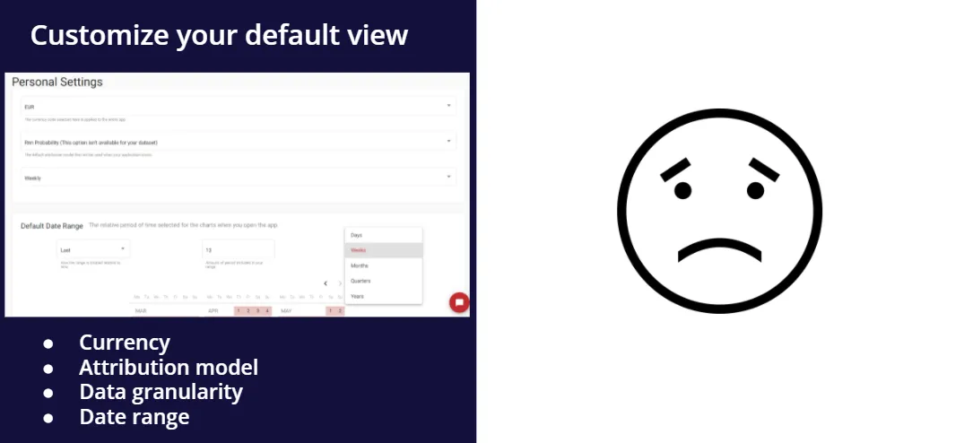Roivenue 2.0 personal settings for default currency, attribution model, data granularity and date range