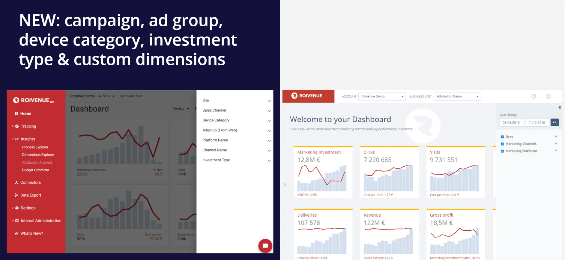 Roivenue 2.0 dimension filters for campaign, ad group, device category and investment type next to the 1.0 dashboard