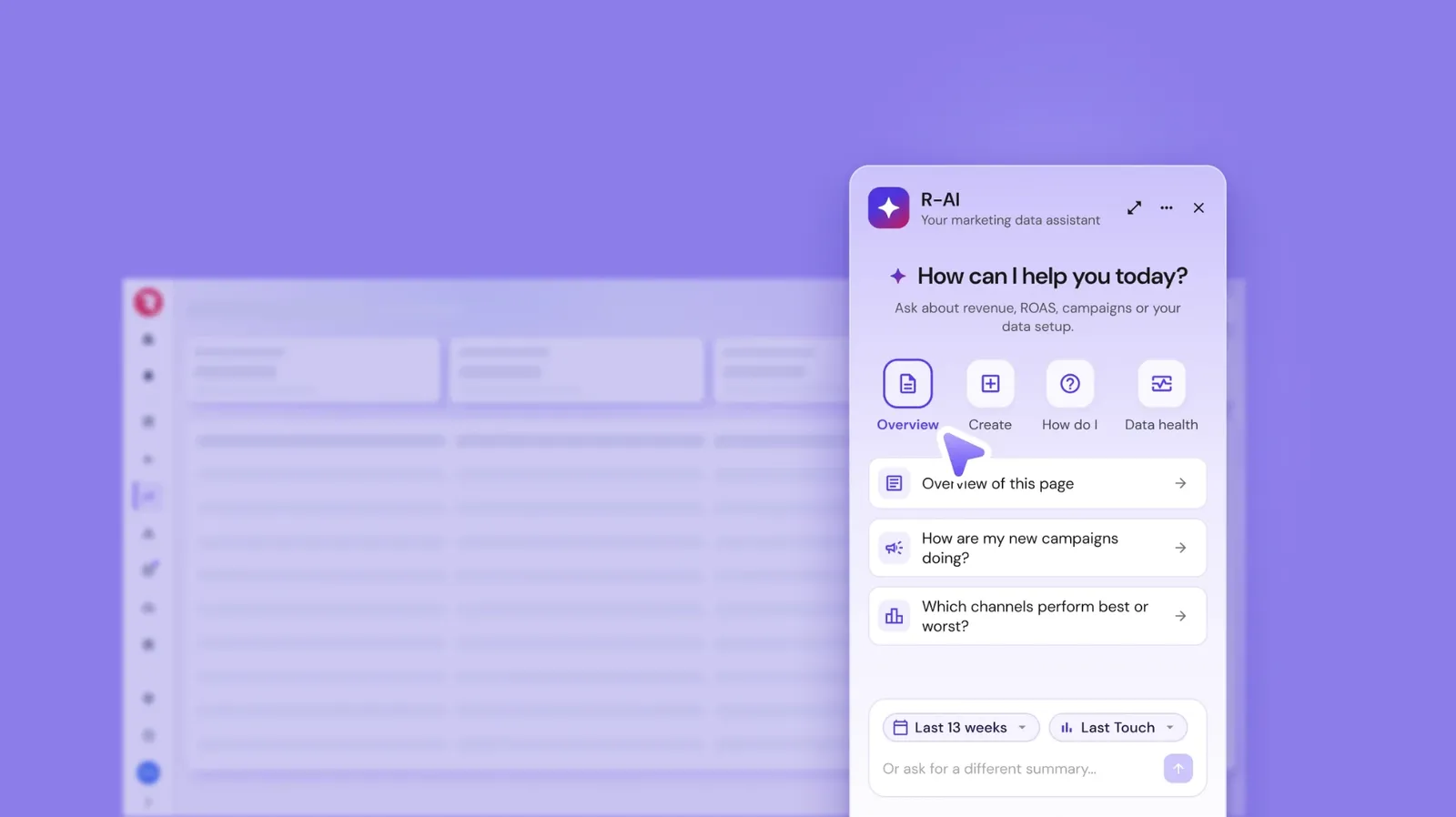 R-AI, the marketing data assistant in Roivenue, open beside a report with suggested questions such as an overview of this page, how new campaigns are doing and which channels perform best or worst