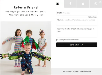 Hanna Andersson refer a friend pop-up offering 20% off to both sides, with email and social sharing options