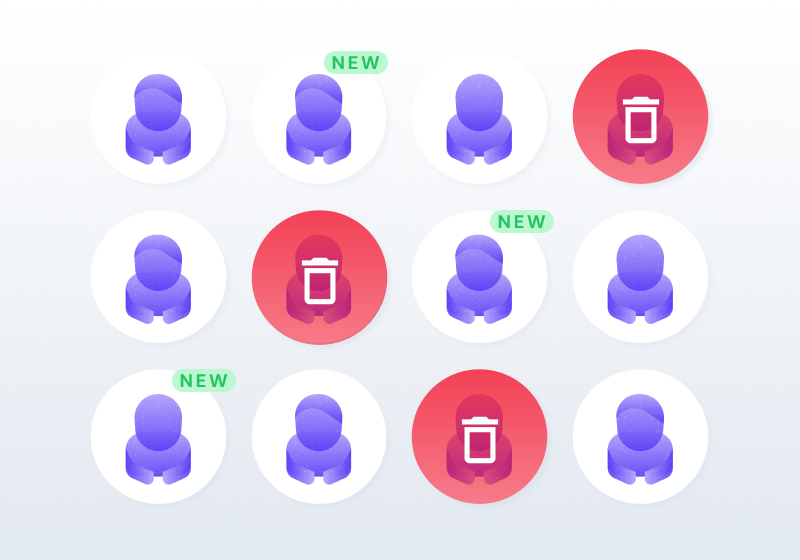 Grid of user icons with 'New' labels and red delete icons indicating new and removable users