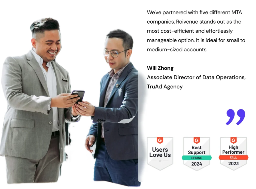 Two business men looking at a smartphone with a testimonial and awards for Roivenue