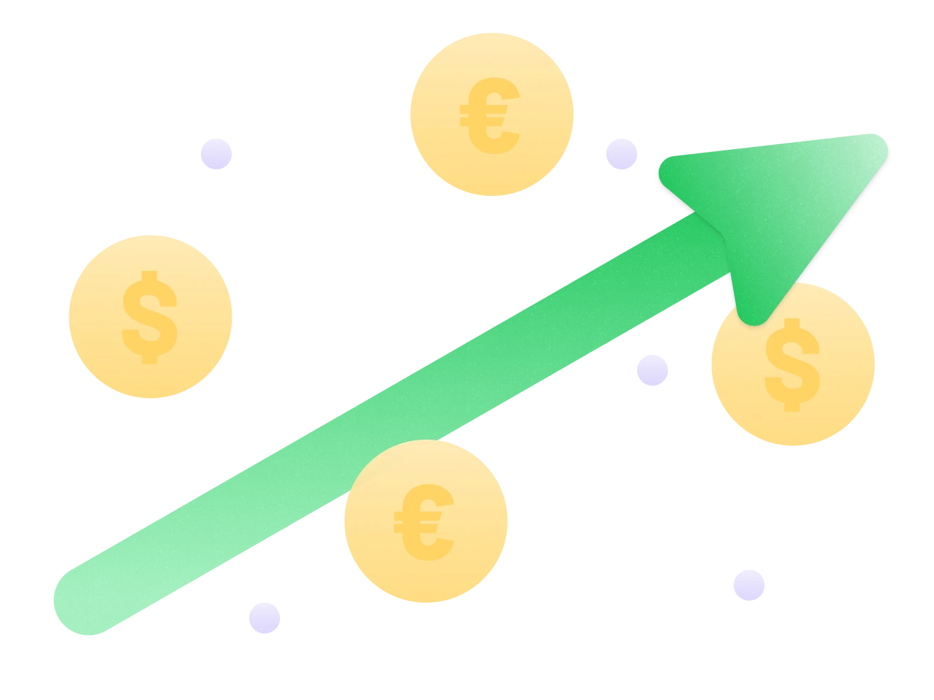 Green upward arrow surrounded by dollar and euro symbols, indicating financial growth