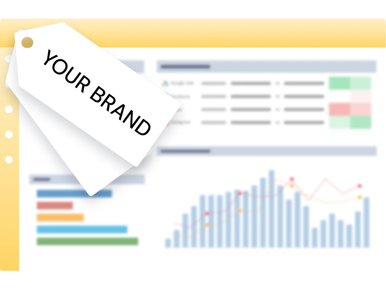 Whitelabeled app with a tag labeled 'Your Brand' overlaying charts and data reports