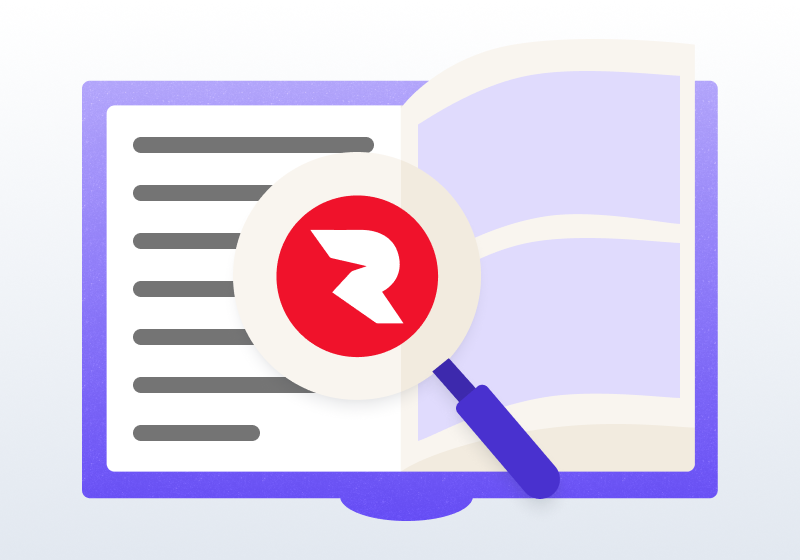 Magnifying glass over Roivenue logo on an open book and document, symbolizing documents