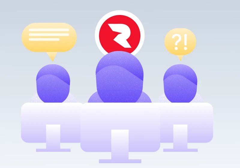 Three users at computers with speech bubbles and the Roivenue logo above, indicating communication and support