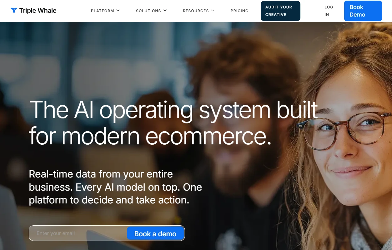 Triple Whale homepage, positioned as the AI operating system for ecommerce